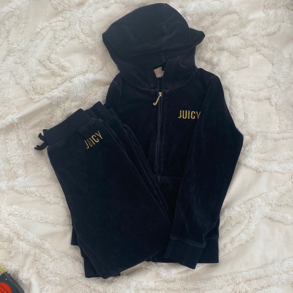 Navy Juicy Couture velour tracksuit jacket and trousers with gold Juicy lettering, laid flat